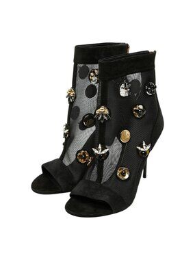 Louis Vuitton Open Toe Booties 38 Black Suede Mesh 1- Boot